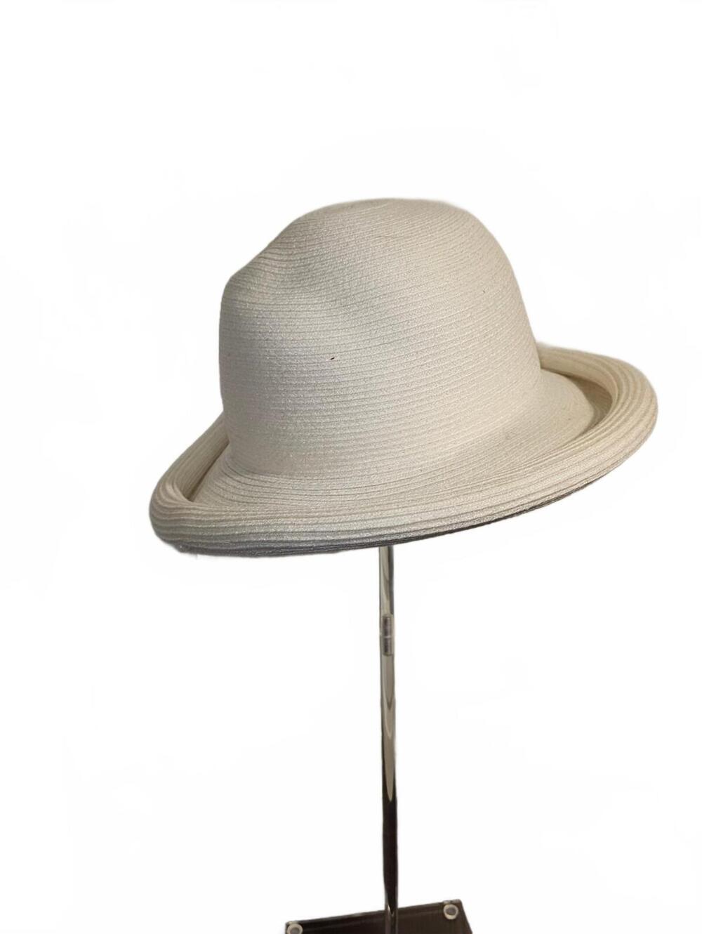 White cloche hat with rolled brim